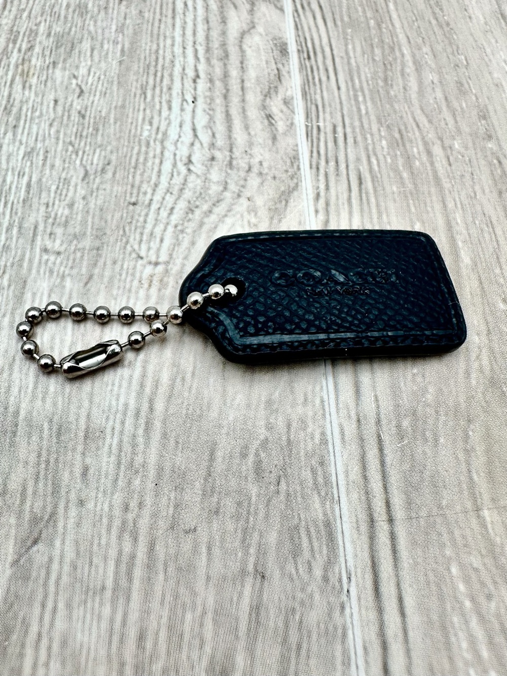1.5” COACH Logo New York Black Pebbled Leather Hangtag Charm w/ Chain Camo Back